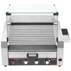 VEVOR Hot Dog Roller, 12 Hot Dog 5 Rollers, Stainless Steel Sausage Grill Cooker, 750W Commercial Hot Dog Machine with Dual Temp Control, Cover, Side Storage Box, Removable Shelf & Oil Drip Tray