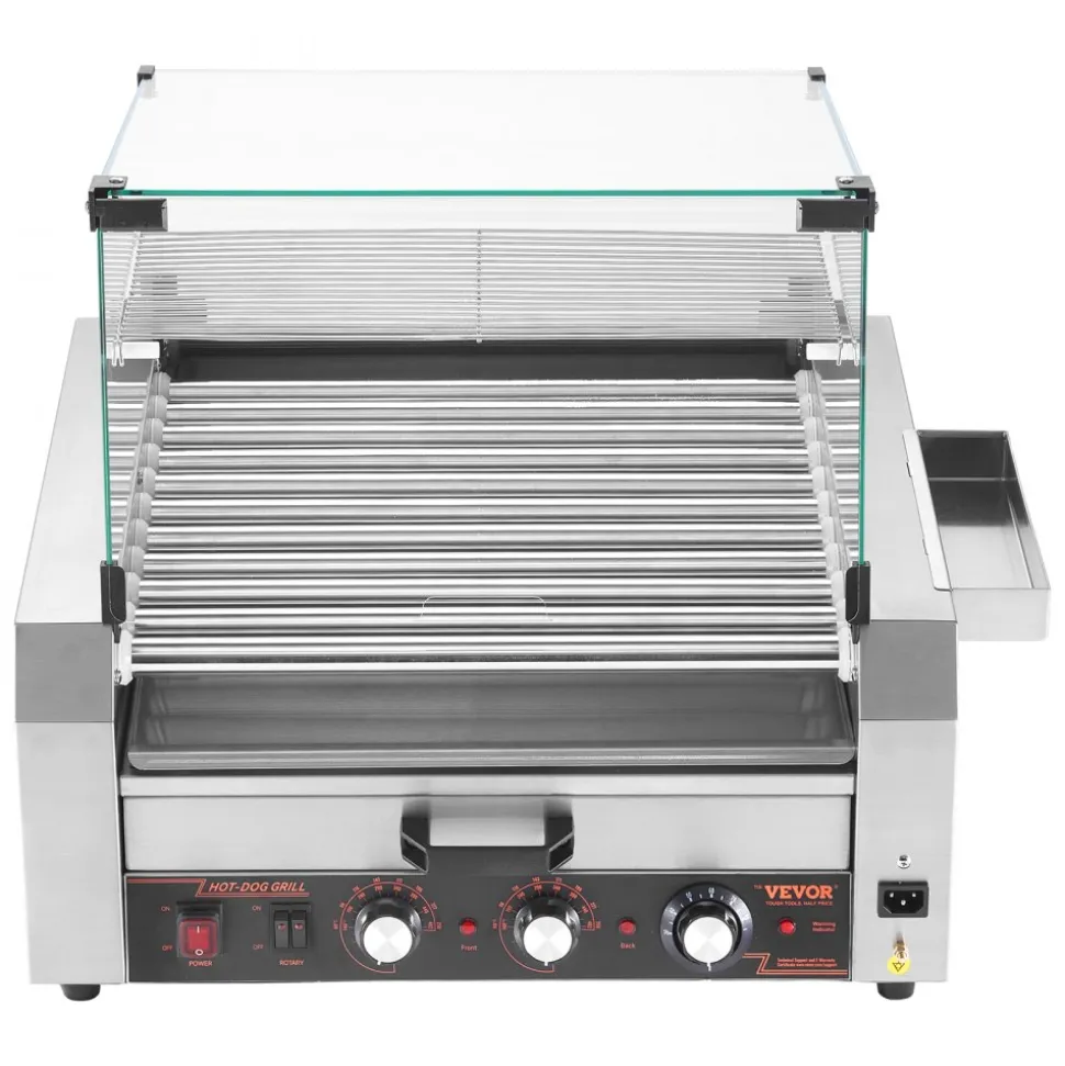 VEVOR Hot Dog Roller, 12 Hot Dog 5 Rollers, Stainless Steel Sausage Grill Cooker, 750W Commercial Hot Dog Machine with Dual Temp Control, Cover, Side Storage Box, Removable Shelf & Oil Drip Tray