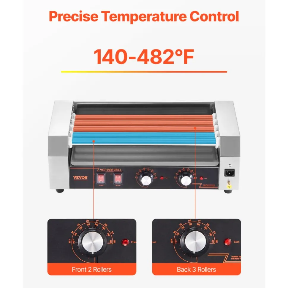 VEVOR Hot Dog Roller, 12 Hot Dog 5 Rollers, Stainless Steel Sausage Grill Cooker, 750W Hot Dog Machine with Dual Temp Control, Removable Oil Drip Tray, for Party Home Commercial