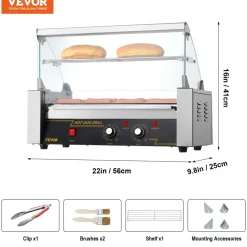 VEVOR Hot Dog Roller 5 Rollers 12 Hot Dogs Capacity, 750W Stainless Sausage Grill Cooker Machine with Dual Temp Control Glass Hood Acrylic Cover Bun Warmer Shelf Removable Oil Drip Tray ETL Certified