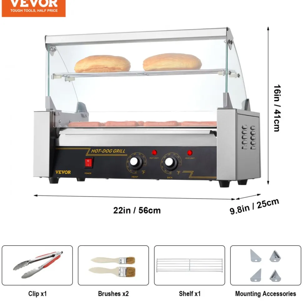 VEVOR Hot Dog Roller 5 Rollers 12 Hot Dogs Capacity, 750W Stainless Sausage Grill Cooker Machine with Dual Temp Control Glass Hood Acrylic Cover Bun Warmer Shelf Removable Oil Drip Tray ETL Certified