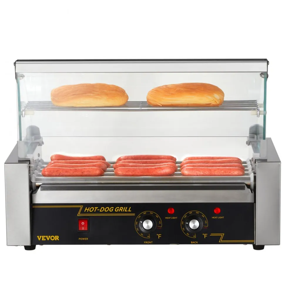 VEVOR Hot Dog Roller 5 Rollers 12 Hot Dogs Capacity, 750W Stainless Sausage Grill Cooker Machine with Dual Temp Control Glass Hood Acrylic Cover Bun Warmer Shelf Removable Oil Drip Tray ETL Certified