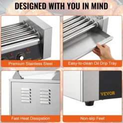 VEVOR Hot Dog Roller 5 Rollers 12 Hot Dogs Capacity, 750W Stainless Sausage Grill Cooker Machine with Dual Temp Control Glass Hood Acrylic Cover Bun Warmer Shelf Removable Oil Drip Tray ETL Certified