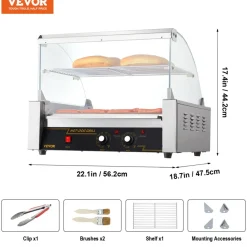 VEVOR Hot Dog Roller, 11 Rollers 30 Hot Dogs Capacity, 1650W Stainless Sausage Grill Cooker Machine with Dual Temp Control Glass Hood Acrylic Cover Bun Warmer Shelf Removable Drip Tray, ETL Certified