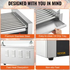 VEVOR Hot Dog Roller, 11 Rollers 30 Hot Dogs Capacity, 1650W Stainless Sausage Grill Cooker Machine with Dual Temp Control Glass Hood Acrylic Cover Bun Warmer Shelf Removable Drip Tray, ETL Certified