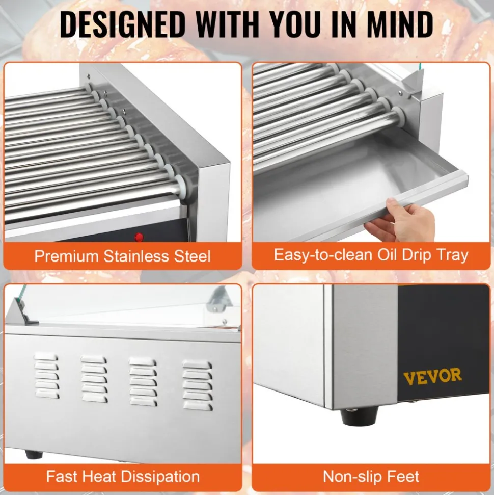 VEVOR Hot Dog Roller, 11 Rollers 30 Hot Dogs Capacity, 1650W Stainless Sausage Grill Cooker Machine with Dual Temp Control Glass Hood Acrylic Cover Bun Warmer Shelf Removable Drip Tray, ETL Certified