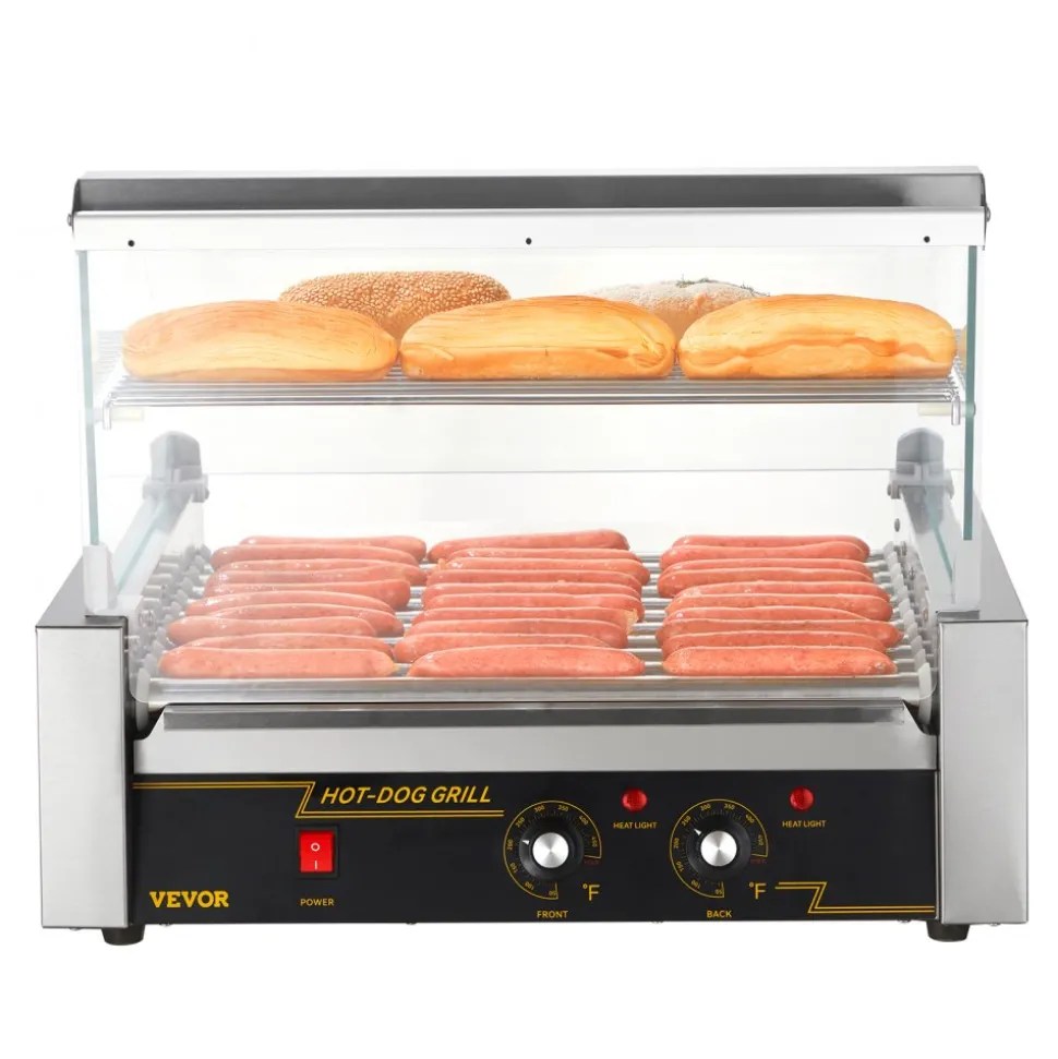 VEVOR Hot Dog Roller, 11 Rollers 30 Hot Dogs Capacity, 1650W Stainless Sausage Grill Cooker Machine with Dual Temp Control Glass Hood Acrylic Cover Bun Warmer Shelf Removable Drip Tray, ETL Certified