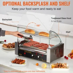 VEVOR Hot Dog Roller 7 Rollers 18 Hot Dogs Capacity 1050W Stainless Sausage Grill Cooker Machine with Dual Temp Control Glass Hood Acrylic Cover Bun Warmer Shelf Removable Oil Drip Tray, ETL Certified
