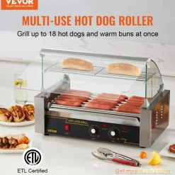 VEVOR Hot Dog Roller 7 Rollers 18 Hot Dogs Capacity 1050W Stainless Sausage Grill Cooker Machine with Dual Temp Control Glass Hood Acrylic Cover Bun Warmer Shelf Removable Oil Drip Tray, ETL Certified