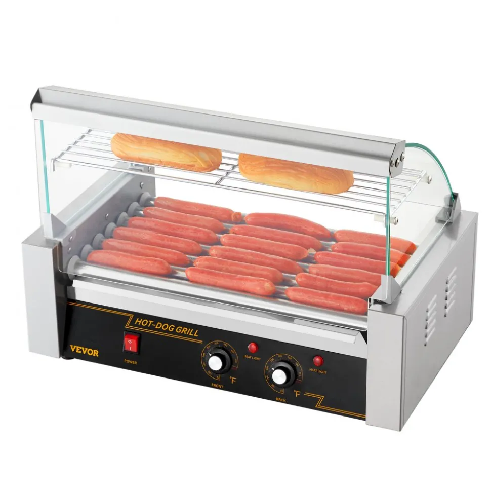 VEVOR Hot Dog Roller 7 Rollers 18 Hot Dogs Capacity 1050W Stainless Sausage Grill Cooker Machine with Dual Temp Control Glass Hood Acrylic Cover Bun Warmer Shelf Removable Oil Drip Tray, ETL Certified