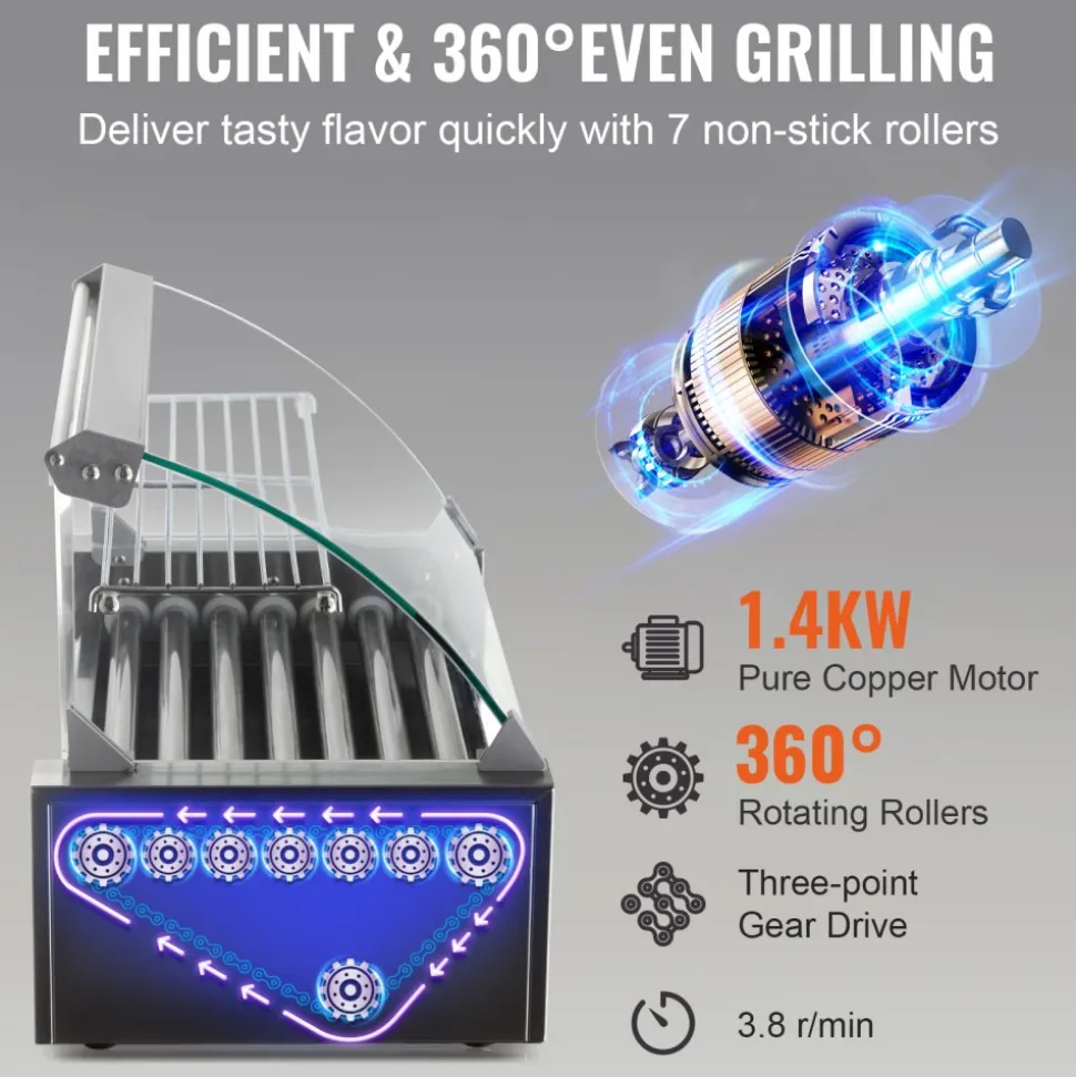 VEVOR Hot Dog Roller 7 Rollers 18 Hot Dogs Capacity 1050W Stainless Sausage Grill Cooker Machine with Dual Temp Control Glass Hood Acrylic Cover Bun Warmer Shelf Removable Oil Drip Tray, ETL Certified