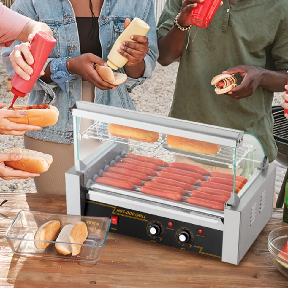 VEVOR Hot Dog Roller 7 Rollers 18 Hot Dogs Capacity 1050W Stainless Sausage Grill Cooker Machine with Dual Temp Control Glass Hood Acrylic Cover Bun Warmer Shelf Removable Oil Drip Tray, ETL Certified