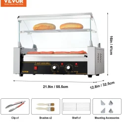 VEVOR Hot Dog Roller 7 Rollers 18 Hot Dogs Capacity 1050W Stainless Sausage Grill Cooker Machine with Dual Temp Control Glass Hood Acrylic Cover Bun Warmer Shelf Removable Oil Drip Tray, ETL Certified