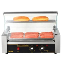VEVOR Hot Dog Roller 7 Rollers 18 Hot Dogs Capacity 1050W Stainless Sausage Grill Cooker Machine with Dual Temp Control Glass Hood Acrylic Cover Bun Warmer Shelf Removable Oil Drip Tray, ETL Certified