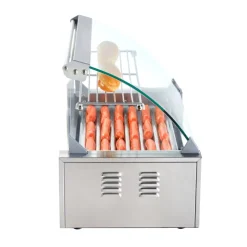 VEVOR Hot Dog Roller 7 Rollers 18 Hot Dogs Capacity 1050W Stainless Sausage Grill Cooker Machine with Dual Temp Control Glass Hood Acrylic Cover Bun Warmer Shelf Removable Oil Drip Tray, ETL Certified