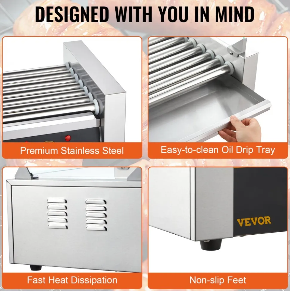 VEVOR Hot Dog Roller 7 Rollers 18 Hot Dogs Capacity 1050W Stainless Sausage Grill Cooker Machine with Dual Temp Control Glass Hood Acrylic Cover Bun Warmer Shelf Removable Oil Drip Tray, ETL Certified