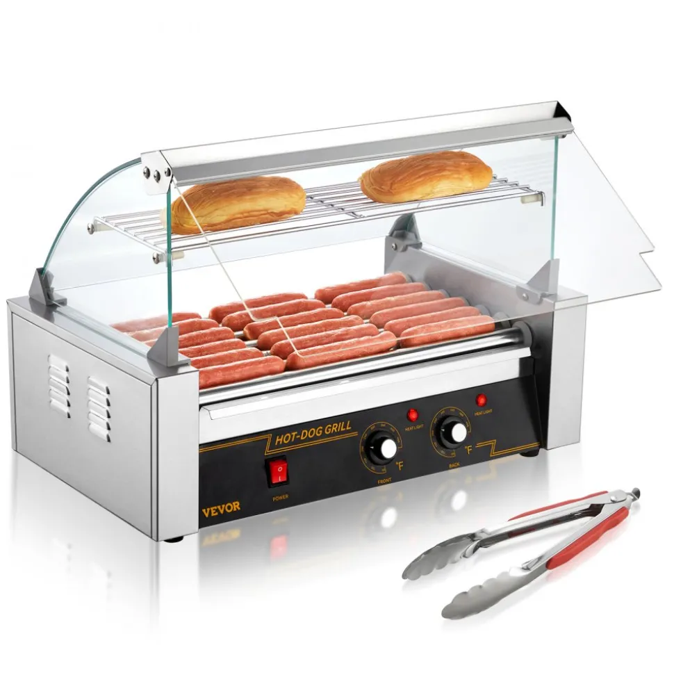 VEVOR Hot Dog Roller 7 Rollers 18 Hot Dogs Capacity 1050W Stainless Sausage Grill Cooker Machine with Dual Temp Control Glass Hood Acrylic Cover Bun Warmer Shelf Removable Oil Drip Tray, ETL Certified