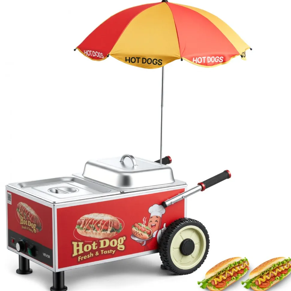 VEVOR Hot Dog Steamer Cart, 1200W Electric Stainless Steel Hot Dog Steam Machine, 86-203°F Temp Adjustable, Portable Cart with Eye-Catching Umbrella & Wheels, for Bakeries, Food Stands, Parties