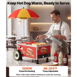 VEVOR Hot Dog Steamer Cart, 1200W Electric Stainless Steel Hot Dog Steam Machine, 86-203°F Temp Adjustable, Portable Cart with Eye-Catching Umbrella & Wheels, for Bakeries, Food Stands, Parties