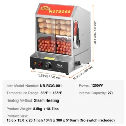VEVOR Hot Dog Steamer, 28.5QT, 2-Tier Hot Dog Hut Steamer, 86℉~185℉ Temperature Control, Electric Bun Warmer with Tempered Glass Slide Doors Partition Plate Tong, Stainless Steel, for Hot Dogs & Buns