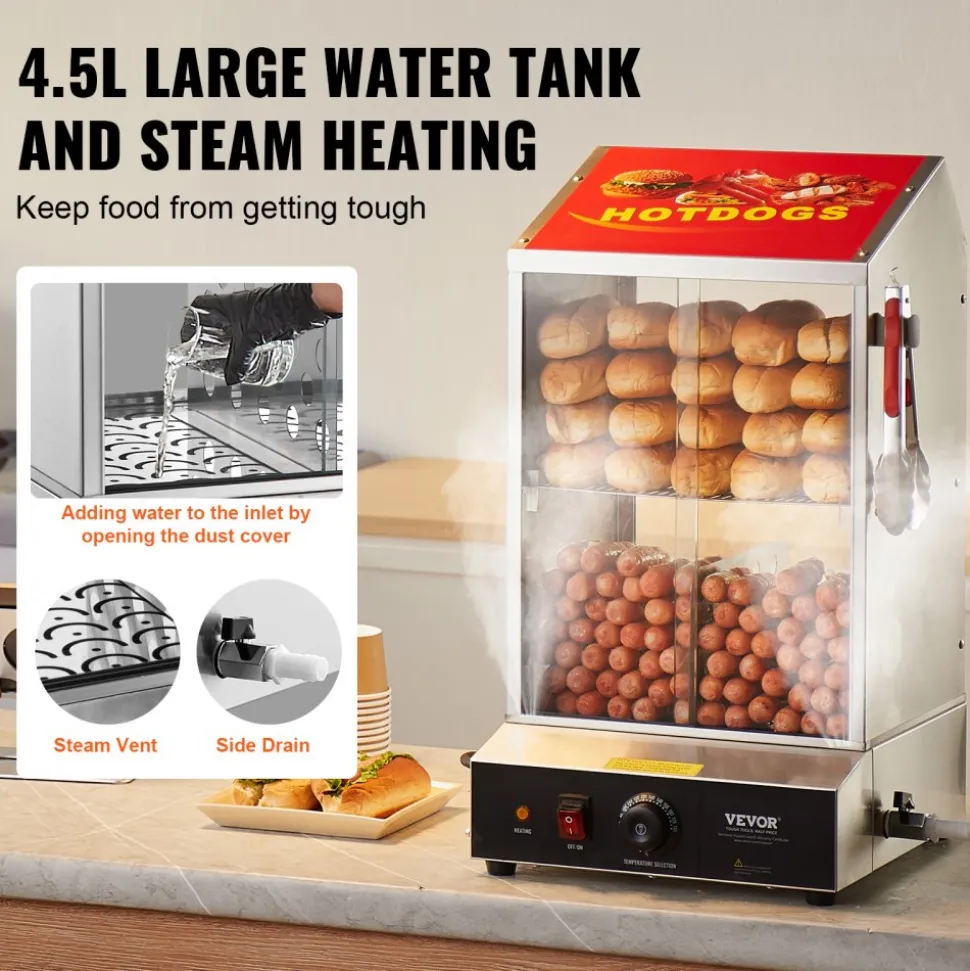 VEVOR Hot Dog Steamer, 39QT, 2-Tier Hot Dog Hut Steamer, 86℉~185℉ Temperature Control, Electric Bun Warmer with Tempered Glass Slide Doors Partition Plate Tong, Stainless Steel, for Hot Dogs & Buns