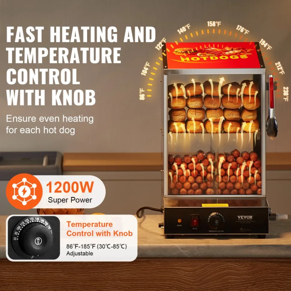 VEVOR Hot Dog Steamer, 39QT, 2-Tier Hot Dog Hut Steamer, 86℉~185℉ Temperature Control, Electric Bun Warmer with Tempered Glass Slide Doors Partition Plate Tong, Stainless Steel, for Hot Dogs & Buns