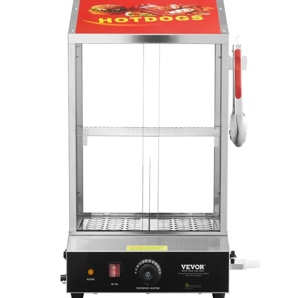 VEVOR Hot Dog Steamer, 39QT, 2-Tier Hot Dog Hut Steamer, 86℉~185℉ Temperature Control, Electric Bun Warmer with Tempered Glass Slide Doors Partition Plate Tong, Stainless Steel, for Hot Dogs & Buns