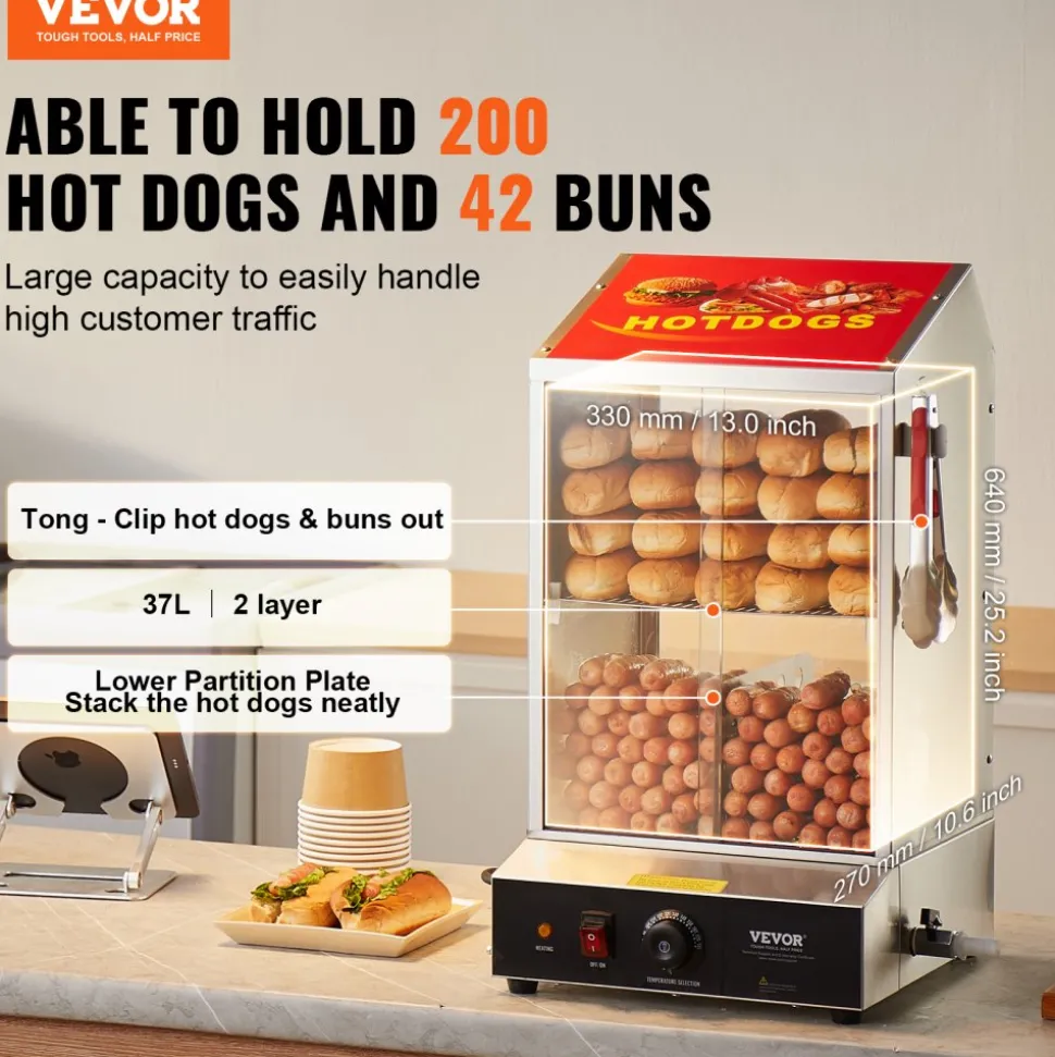 VEVOR Hot Dog Steamer, 39QT, 2-Tier Hot Dog Hut Steamer, 86℉~185℉ Temperature Control, Electric Bun Warmer with Tempered Glass Slide Doors Partition Plate Tong, Stainless Steel, for Hot Dogs & Buns