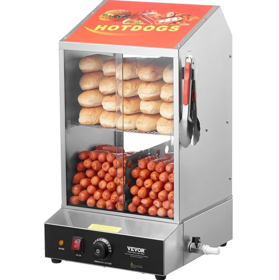 VEVOR Hot Dog Steamer, 39QT, 2-Tier Hot Dog Hut Steamer, 86℉~185℉ Temperature Control, Electric Bun Warmer with Tempered Glass Slide Doors Partition Plate Tong, Stainless Steel, for Hot Dogs & Buns