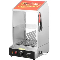 VEVOR Hot Dog Steamer, 39QT, 2-Tier Hot Dog Hut Steamer, 86℉~185℉ Temperature Control, Electric Bun Warmer with Tempered Glass Slide Doors Partition Plate Tong, Stainless Steel, for Hot Dogs & Buns