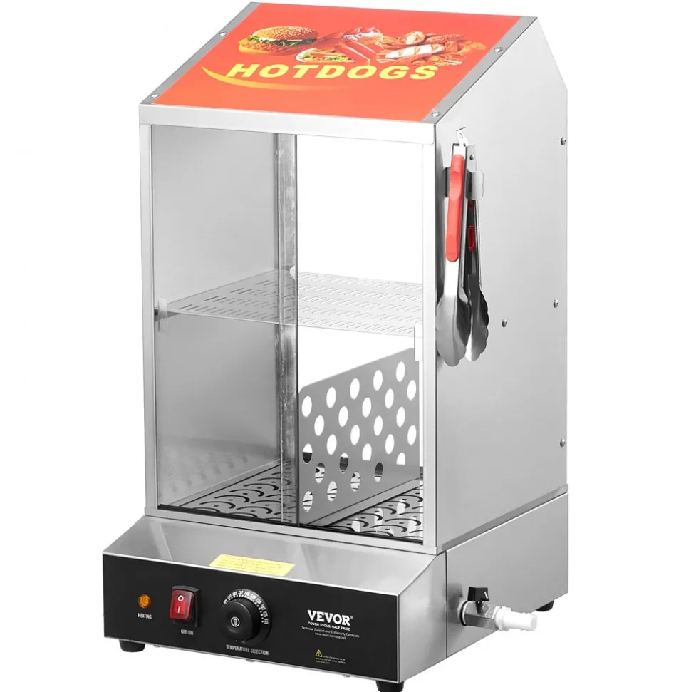 VEVOR Hot Dog Steamer, 39QT, 2-Tier Hot Dog Hut Steamer, 86℉~185℉ Temperature Control, Electric Bun Warmer with Tempered Glass Slide Doors Partition Plate Tong, Stainless Steel, for Hot Dogs & Buns