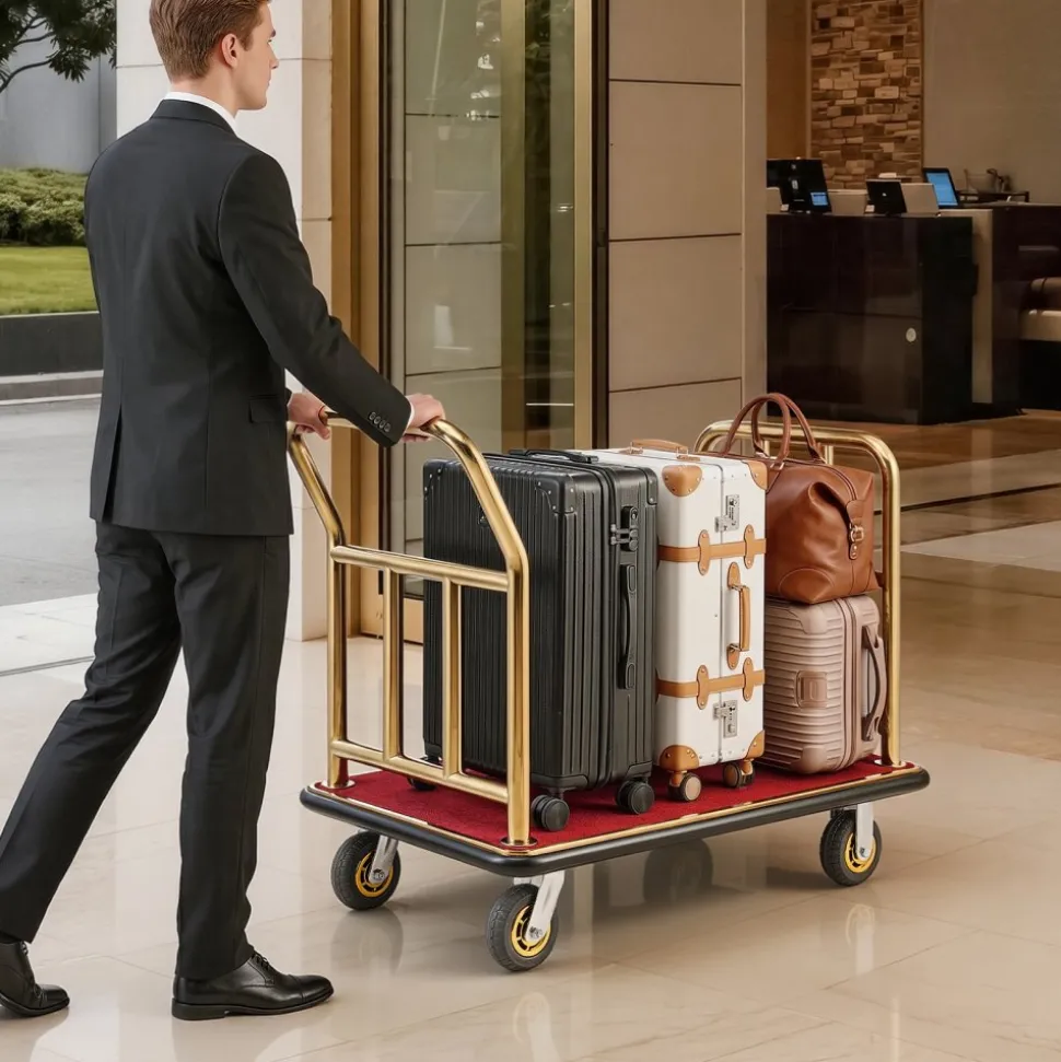 VEVOR Hotel Luggage Cart, 750 lbs Heavy Duty Bellman Cart with Stainless Steel Frame, 6 in Rubber Wheels, Red Carpeted Deck, Commercial Luggage Carrier Rolling Trolley for Hotels, Resorts, Gold