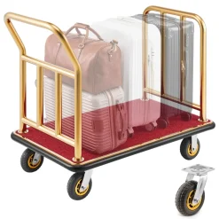 VEVOR Hotel Luggage Cart, 750 lbs Heavy Duty Bellman Cart with Stainless Steel Frame, 6 in Rubber Wheels, Red Carpeted Deck, Commercial Luggage Carrier Rolling Trolley for Hotels, Resorts, Gold