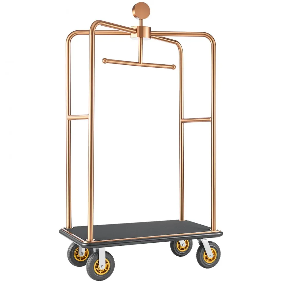 VEVOR Hotel Luggage Cart, 1200 lbs Heavy Duty Bellman Cart with Stainless Steel Frame, 8 in Rubber Wheels, Black Carpeted Deck, Commercial Luggage Carrier Rolling Trolley for Hotels,Resorts, Rose Gold