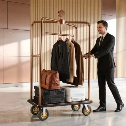 VEVOR Hotel Luggage Cart, 1200 lbs Heavy Duty Bellman Cart with Stainless Steel Frame, 8 in Rubber Wheels, Black Carpeted Deck, Commercial Luggage Carrier Rolling Trolley for Hotels,Resorts, Rose Gold