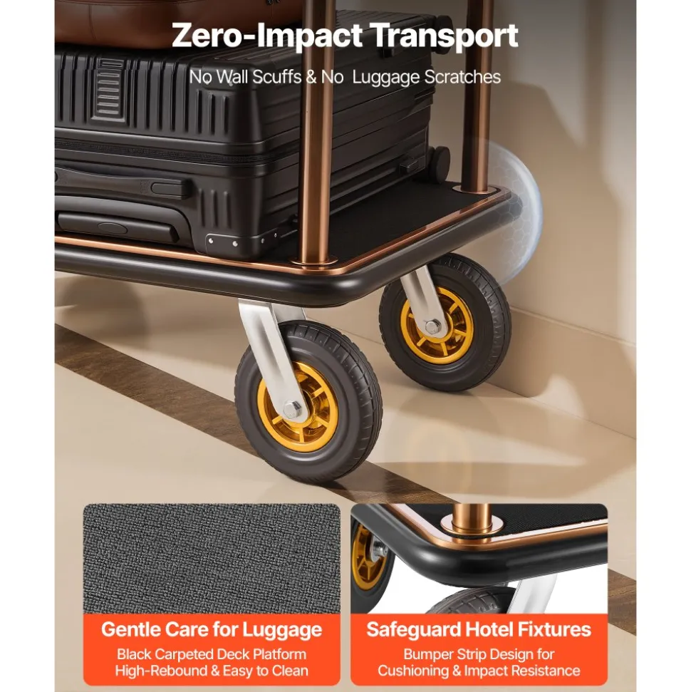 VEVOR Hotel Luggage Cart, 1200 lbs Heavy Duty Bellman Cart with Stainless Steel Frame, 8 in Rubber Wheels, Black Carpeted Deck, Commercial Luggage Carrier Rolling Trolley for Hotels,Resorts, Rose Gold