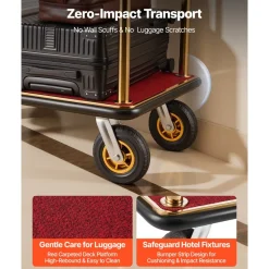 VEVOR Hotel Luggage Cart, 1200 lbs Heavy Duty Bellman Cart with Stainless Steel Frame, 8 in Rubber Wheels, Red Carpeted Deck, Commercial Luggage Carrier Rolling Trolley for Hotels, Resorts, Gold