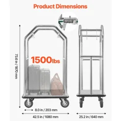 VEVOR Hotel Luggage Cart, 1500 lbs Heavy Duty Bellman Cart with Stainless Steel Frame, 8 in Rubber Wheels, Gray Carpeted Deck, Commercial Luggage Carrier Rolling Trolley for Hotels,Resorts,Silver