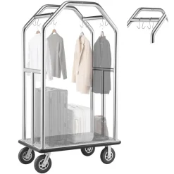 VEVOR Hotel Luggage Cart, 1500 lbs Heavy Duty Bellman Cart with Stainless Steel Frame, 8 in Rubber Wheels, Gray Carpeted Deck, Commercial Luggage Carrier Rolling Trolley for Hotels,Resorts,Silver