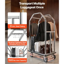 VEVOR Hotel Luggage Cart, 1500 lbs Heavy Duty Bellman Cart with Stainless Steel Frame, 8 in Rubber Wheels, Gray Carpeted Deck, Commercial Luggage Carrier Rolling Trolley for Hotels,Resorts,Silver