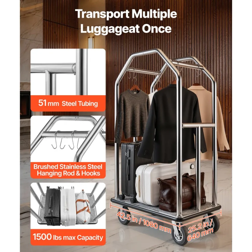 VEVOR Hotel Luggage Cart, 1500 lbs Heavy Duty Bellman Cart with Stainless Steel Frame, 8 in Rubber Wheels, Gray Carpeted Deck, Commercial Luggage Carrier Rolling Trolley for Hotels,Resorts,Silver