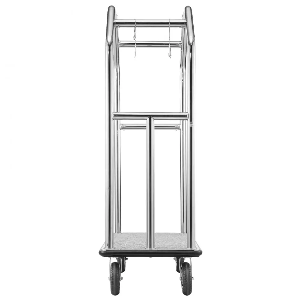 VEVOR Hotel Luggage Cart, 1500 lbs Heavy Duty Bellman Cart with Stainless Steel Frame, 8 in Rubber Wheels, Gray Carpeted Deck, Commercial Luggage Carrier Rolling Trolley for Hotels,Resorts,Silver