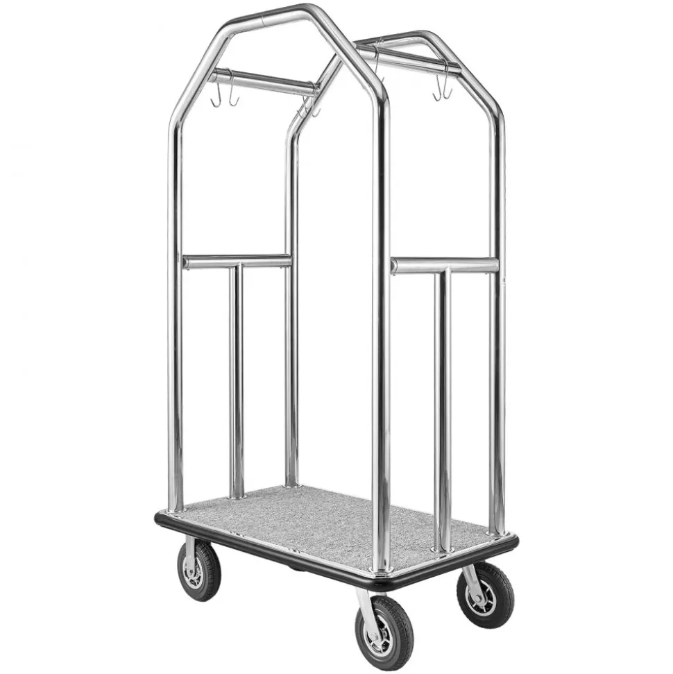 VEVOR Hotel Luggage Cart, 1500 lbs Heavy Duty Bellman Cart with Stainless Steel Frame, 8 in Rubber Wheels, Gray Carpeted Deck, Commercial Luggage Carrier Rolling Trolley for Hotels,Resorts,Silver