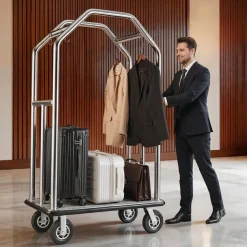 VEVOR Hotel Luggage Cart, 1500 lbs Heavy Duty Bellman Cart with Stainless Steel Frame, 8 in Rubber Wheels, Gray Carpeted Deck, Commercial Luggage Carrier Rolling Trolley for Hotels,Resorts,Silver