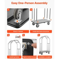 VEVOR Hotel Luggage Cart, 1500 lbs Heavy Duty Bellman Cart with Stainless Steel Frame, 8 in Rubber Wheels, Gray Carpeted Deck, Commercial Luggage Carrier Rolling Trolley for Hotels,Resorts,Silver