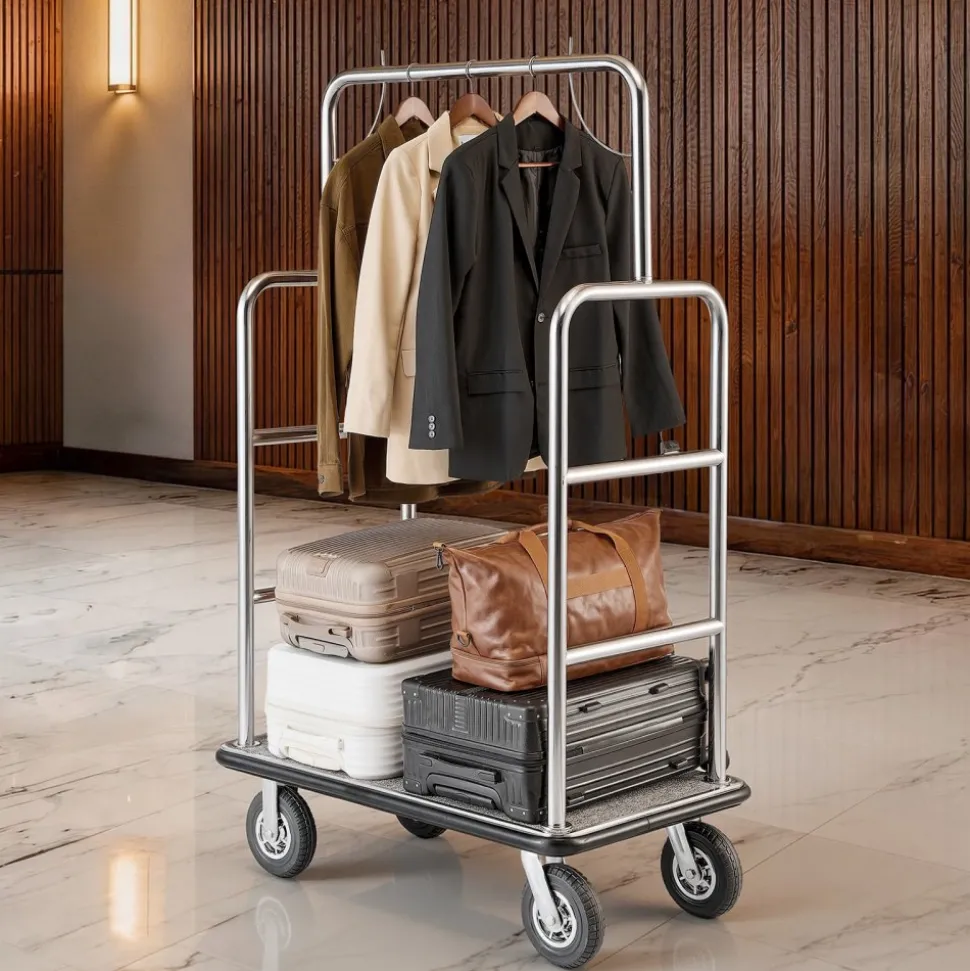 VEVOR Hotel Luggage Cart, 1200 LBS Load Capacity, Brushed Stainless Steel Finish Bellman's Cart, Valet Cart with Grey Carpeted Deck and 8-inch Rubber Wheels, Ideal for Hotels, Condos, Resorts, Silver