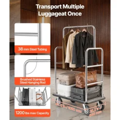VEVOR Hotel Luggage Cart, 1200 LBS Load Capacity, Brushed Stainless Steel Finish Bellman's Cart, Valet Cart with Grey Carpeted Deck and 8-inch Rubber Wheels, Ideal for Hotels, Condos, Resorts, Silver