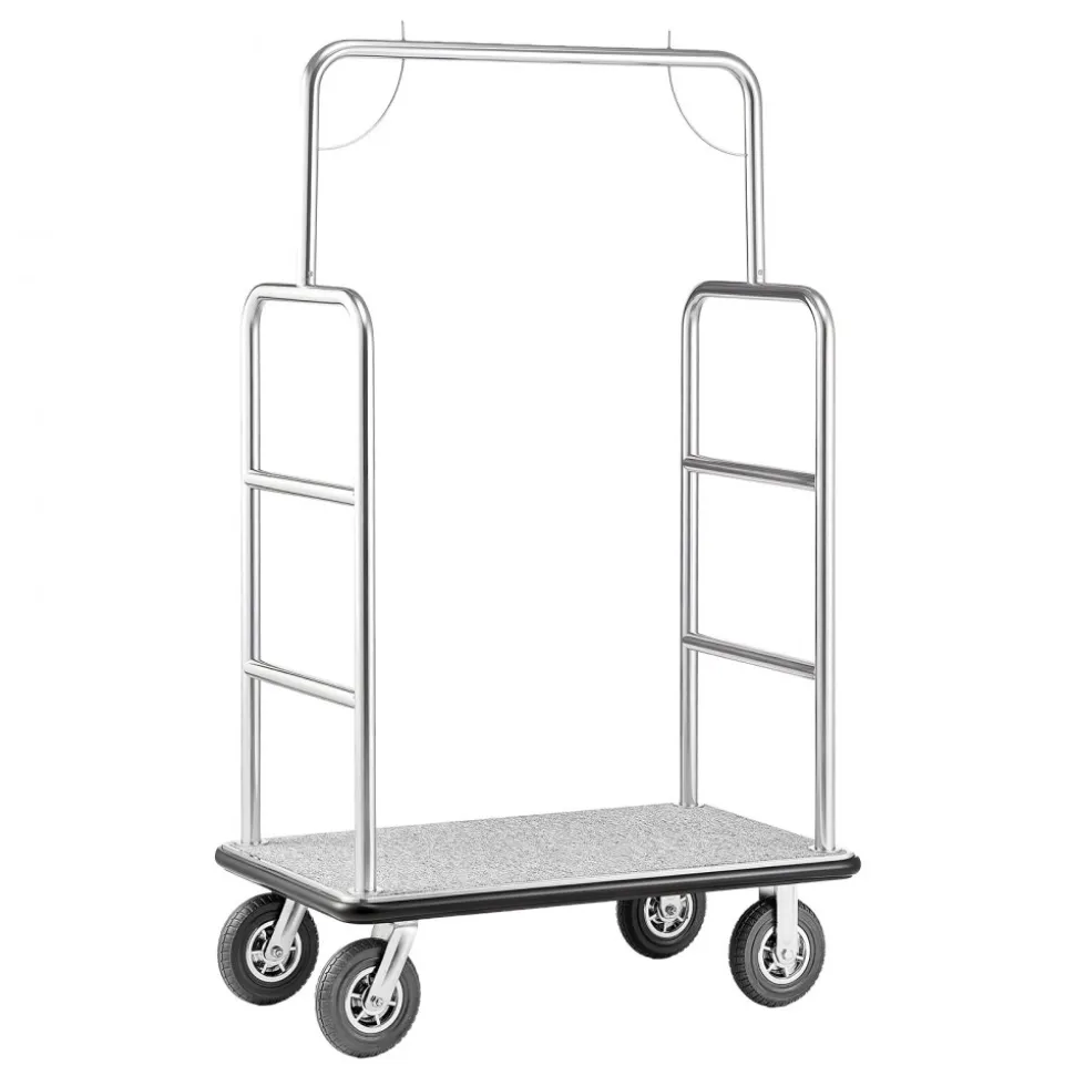 VEVOR Hotel Luggage Cart, 1200 LBS Load Capacity, Brushed Stainless Steel Finish Bellman's Cart, Valet Cart with Grey Carpeted Deck and 8-inch Rubber Wheels, Ideal for Hotels, Condos, Resorts, Silver