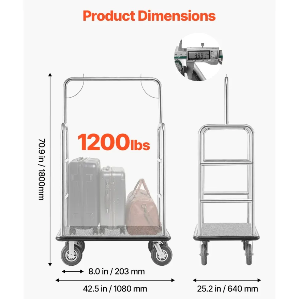 VEVOR Hotel Luggage Cart, 1200 LBS Load Capacity, Brushed Stainless Steel Finish Bellman's Cart, Valet Cart with Grey Carpeted Deck and 8-inch Rubber Wheels, Ideal for Hotels, Condos, Resorts, Silver