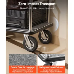 VEVOR Hotel Luggage Cart, 1200 LBS Load Capacity, Brushed Stainless Steel Finish Bellman's Cart, Valet Cart with Grey Carpeted Deck and 8-inch Rubber Wheels, Ideal for Hotels, Condos, Resorts, Silver
